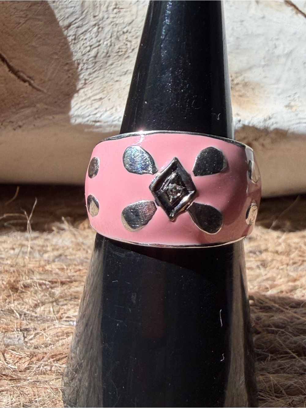 Pink Enamel Genuine Diamond Sterling Silver Accent Dome Ring size 6.5